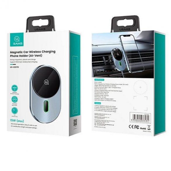 USAMS Induction mount Magnetic Car Wireless Charging 15W pentru grilă gri/gri CD170DZ01 (US-CD170)