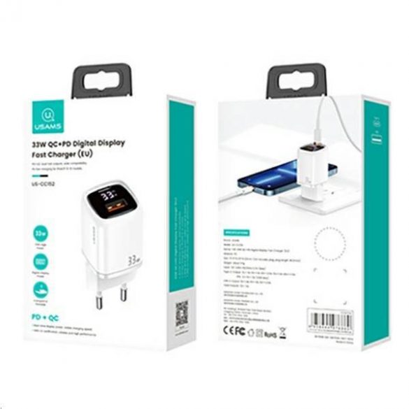 USAMS Ład. siec. 1xUSB-C+1xUSB T46 33W (numai cap) PD3.0 +QC3.0 Încărcare rapidă biały/alb CC152TC02 (US-CC152)