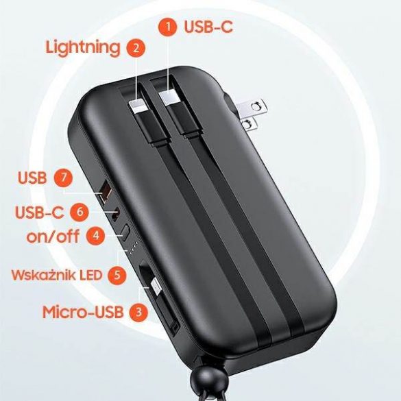 USAMS Powerbank PB63 3in1 10000mAh 20W Quick Charge US+EU Plug + Cabluri USB-C/Lightning/MicroUSB negru/negru 10KCD17201 (US-CD172)