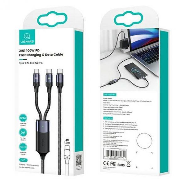 USAMS Kabel U71 2xUSB-C și USB-C 1,2m 100W PD Încărcare rapidă negru/negru SJ551USB01 (US-SJ551)