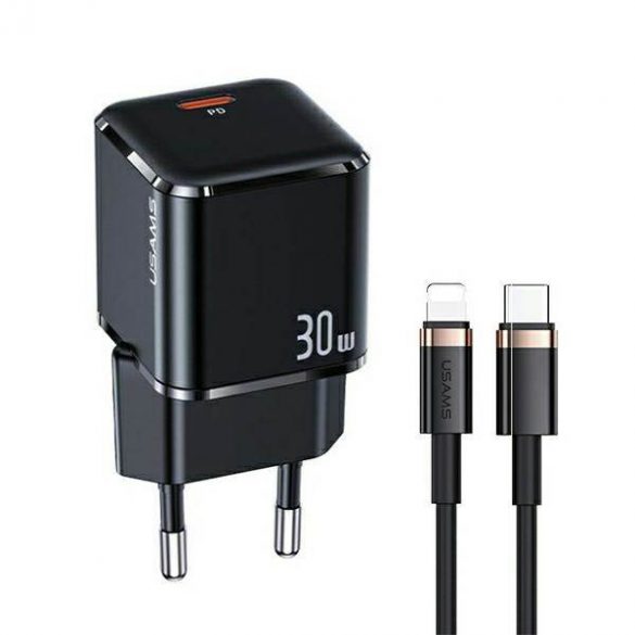 USAMS Ład. siec. 1xUSB-C T45 30W PD3.0 Încărcare rapidă +cabel U63 USB-C/Lightning czarny/negru UXTZH01 (USAMS-UX)