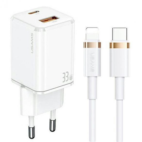 USAMS Ład. siec. 1xUSB-C+1xUSB T43 33W PD3.0 +QC3.0 + cablu U63 USB-C cu lightning biały/alb USKTZ02