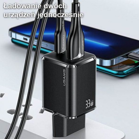 USAMS Ład. siec. 1xUSB-C+1xUSB T43 33W PD3.0 +QC3.0 + cablu U63 USB-C cu lightning biały/alb USKTZ02