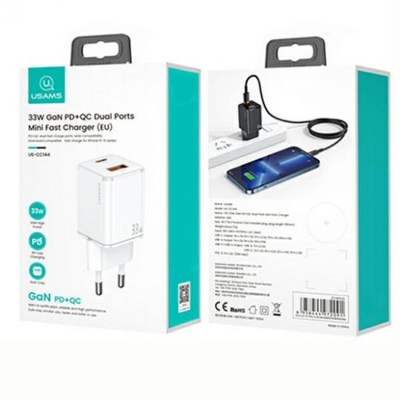 USAMS Ład. siec. 1xUSB-C+1xUSB T43 33W PD3.0 +QC3.0 + cablu U63 USB-C cu lightning biały/alb USKTZ02