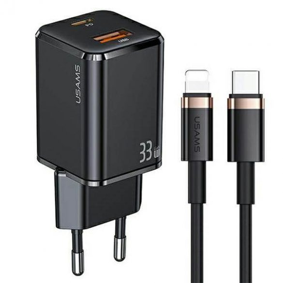 USAMS Ład. siec. 1xUSB-C+1xUSB T43 33W PD3.0 +QC3.0 + cablu U63 USB-C cu lightning czarny/negru USKTZ01