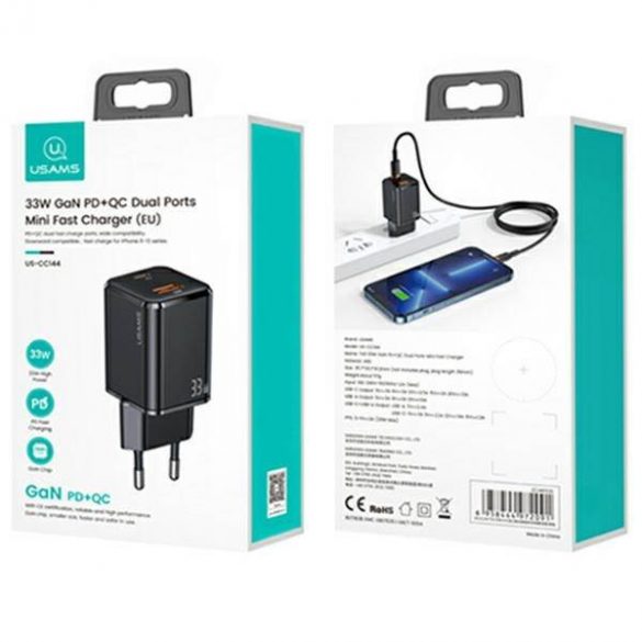 USAMS Ład. siec. 1xUSB-C+1xUSB T43 33W PD3.0 +QC3.0 + cablu U63 USB-C cu lightning czarny/negru USKTZ01