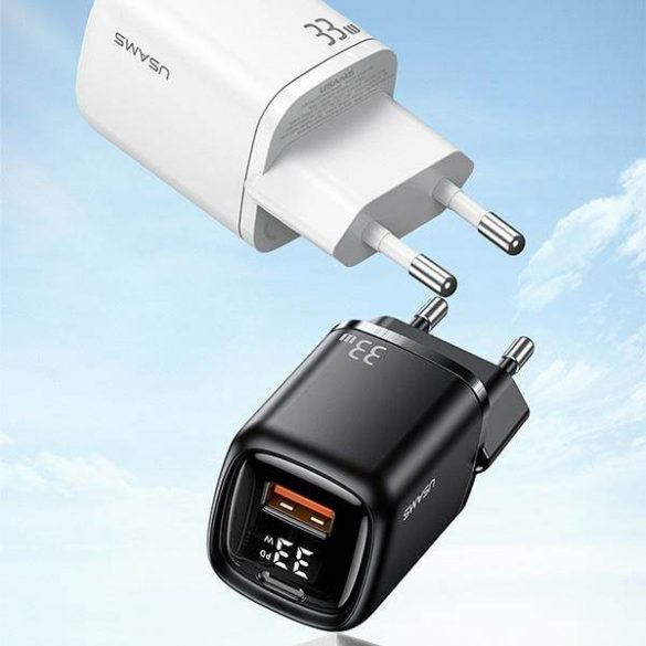 USAMS Ład. siec. 1xUSB-C+1xUSB T46 33W PD3.0 +QC3.0 Încărcare rapidă +kabel U63 USB-C/Lightning czarny/negru UDTZ01