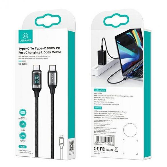 USAMS Kabel pleciony U78 USB-C și USB-C LED 2m 100W Încărcare rapidă negru/negru SJ558USB01 (US-SJ558)