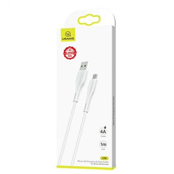 USAMS Kabel U38 microUSB 4A Fast Charge pentru OPPO 1m biały/alb SJ375USB02 (US-SJ375)