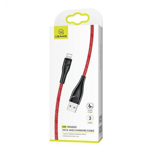 USAMS Kabel pleciony U41 lightning 3m 2A czerwony/roșu SJ397USB02 (US-SJ397) Încărcare rapidă