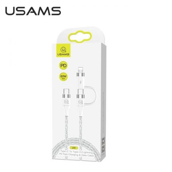 USAMS cablu împletit U31 USB-C na USB-C /lightning 60W PD Fast Charge alb/alb  SJ403USB02 (US-SJ403)