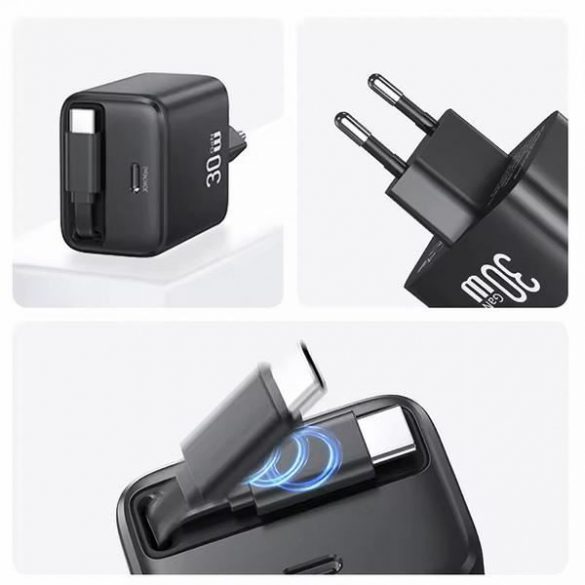 USAMS Ład. siec. 1xUSB-C ze zwijanym kablem USB-C Retractabil PD+QC 30W Gan Încărcare rapidă czarny/negru Seria YC CC241TC01 (US-CC241)