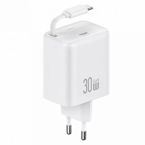 USAMS Ład. siec. 1xUSB-C cu cablu zwijanym USB-C PD+QC retractabil 30W Gan Încărcare rapidă biały/alb Seria YC CC241TC02 (US-CC241)