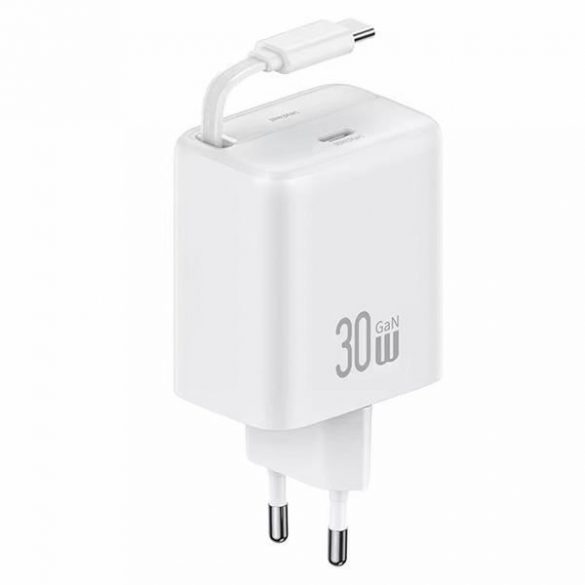 USAMS Ład. siec. 1xUSB-C cu cablu zwijanym USB-C PD+QC retractabil 30W Gan Încărcare rapidă biały/alb Seria YC CC241TC02 (US-CC241)