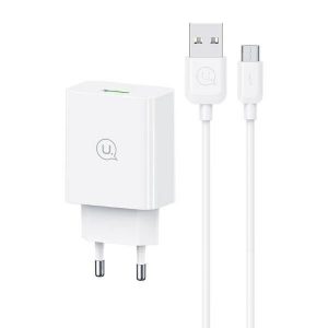 USAMS SCXLTZ01 Încărcător de rețea seria SC cu conexiune 1xUSB-A și cablu USB-A - microUSB 18W - alb