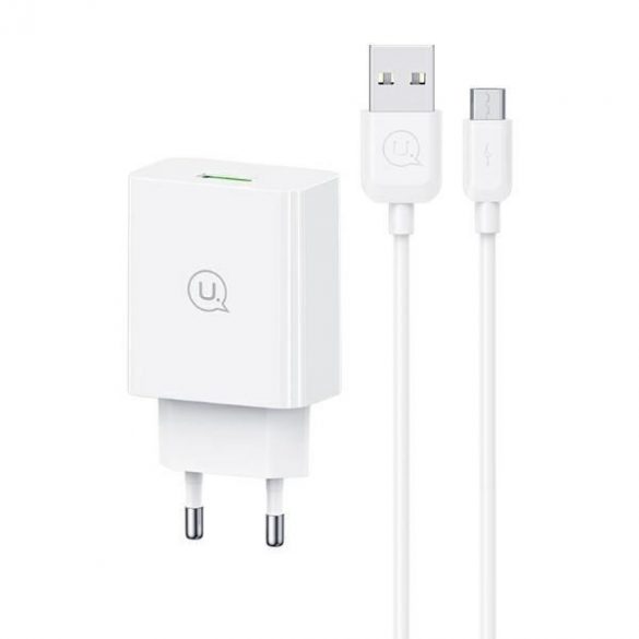 USAMS SCXLTZ01 Încărcător de rețea seria SC cu conexiune 1xUSB-A și cablu USB-A - microUSB 18W - alb