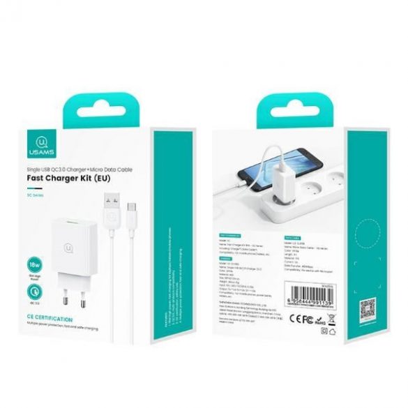 USAMS SCXLTZ01 Încărcător de rețea seria SC cu conexiune 1xUSB-A și cablu USB-A - microUSB 18W - alb