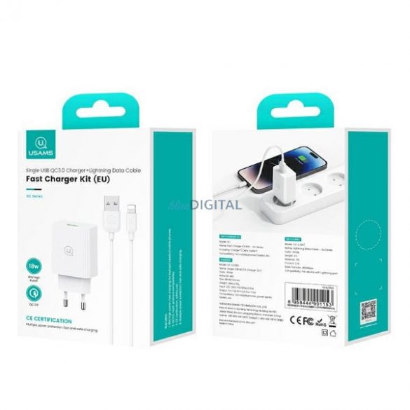 USAMS SCXLTZ03 Încărcător de curent alternativ din seria SC cu conexiune 1xUSB-A și cablu USB-A - Lightning 18W - alb