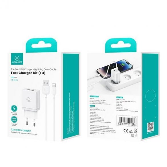 USAMS HCXLTZ01 Încărcător AC pentru seria HC cu conexiune 2xUSB-A și cablu USB-A - Lightning 18W - alb