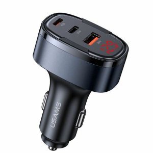 Încărcător auto USAMS C42 cu conexiuni 1xUSB și 2xUSB-C 100W - negru