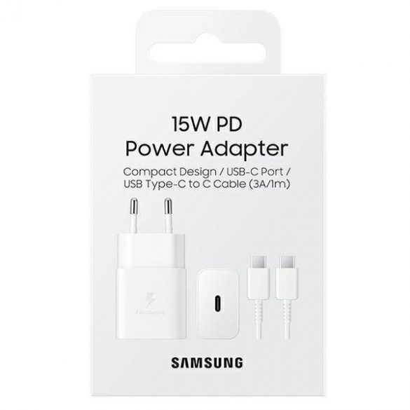 Ład. siec. Samsung EP-T1510XW 15W încărcare rapidă + kabel USB-C/USB-C alb/alb