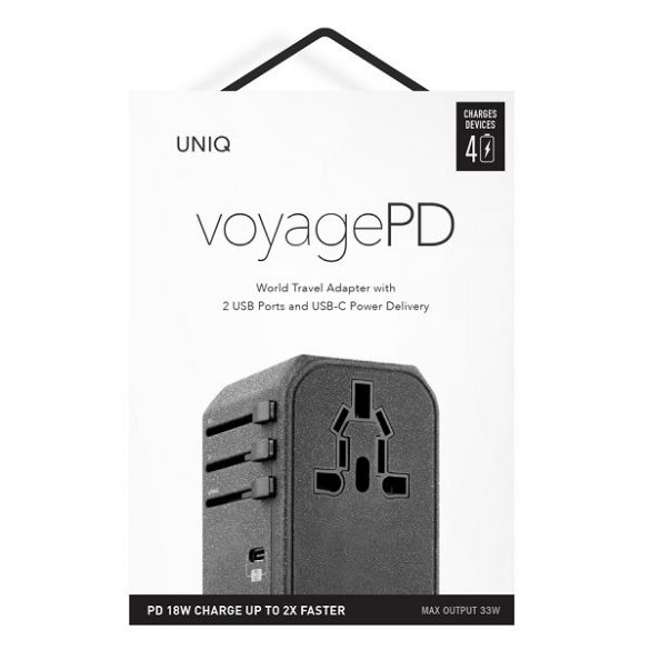 UNIQ Ład. siec. Adaptor Voyage World 33W + 2xUSB + PD 18W + QC 3.0 szary/gri cărbune (LITHOS Collective)