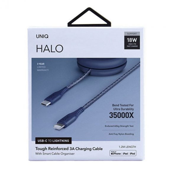 UNIQ kabel MFI Halo USB-C-Lightning 18W nailon zwijany 1,2 m niebieski/albastru marin