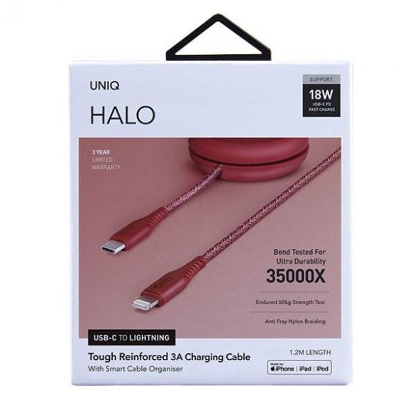 UNIQ kabel MFI Halo USB-C-Lightning 18W nailon zwijany 1,2m czerwony/rosu carmin