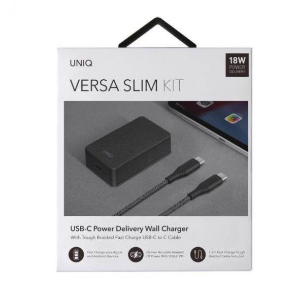 UNIQ Ład. siec. Versa Slim USB-C PD 18W + cablu USB-C și USB-C czarny/negru cărbune (LITHOS Collective)