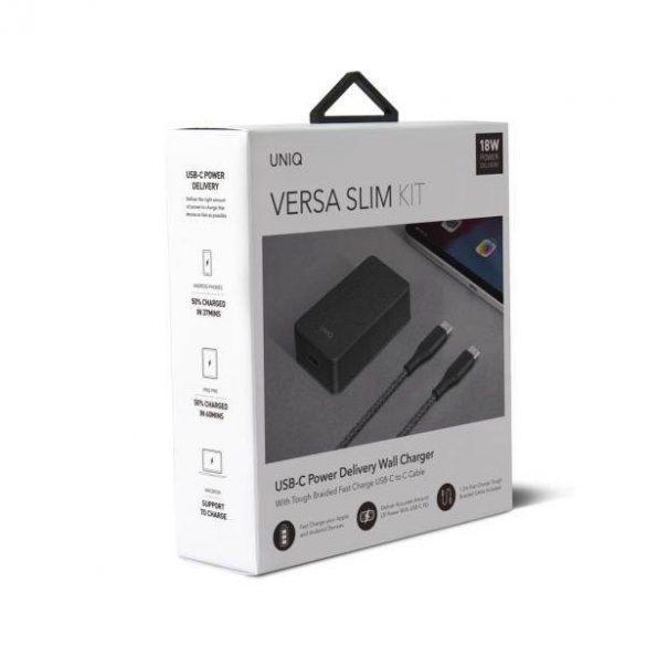 UNIQ Ład. siec. Versa Slim USB-C PD 18W + cablu USB-C și USB-C czarny/negru cărbune (LITHOS Collective)