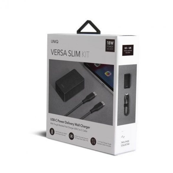 UNIQ Ład. siec. Versa Slim USB-C PD 18W + cablu USB-C și USB-C czarny/negru cărbune (LITHOS Collective)