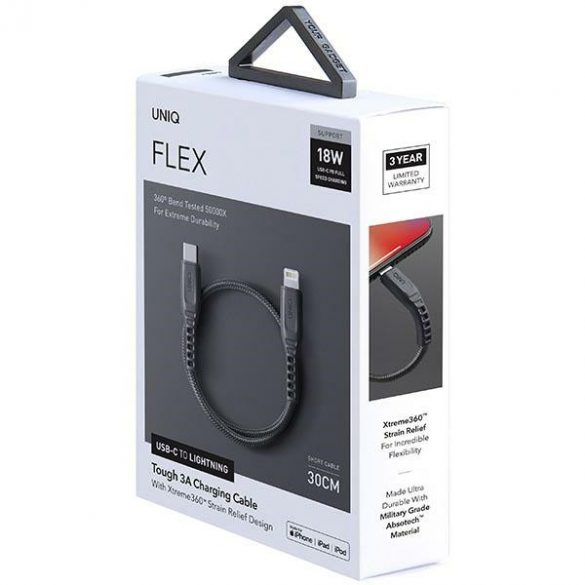 UNIQ Kabel Flex USB-C-Lightning 18W nailon 30cm szary/gri cărbune