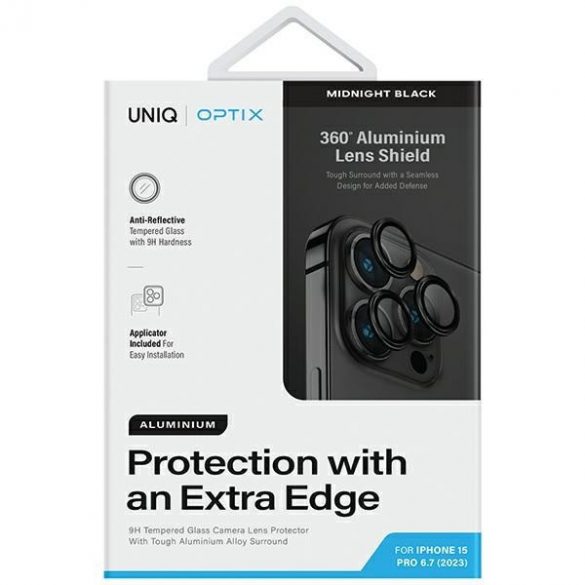 Protector de lentile din aluminiu UNIQ Optix pentru aparatul foto iPhone 15 Pro Max 6.7" midnight black