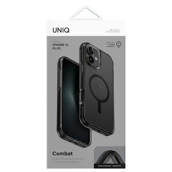 Carcasă de încărcare Uniq Combat Magclick pentru iPhone 16 Plus - transparentă cu ornamente negre