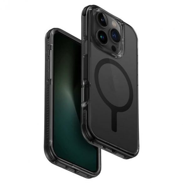 Carcasă de încărcare Uniq Combat Magclick pentru iPhone 16 Pro - transparentă cu ornamente negre