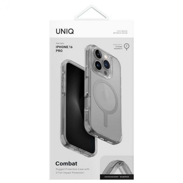 Uniq Combat Magclick Charging Case iPhone 16 Pro - transparent cu margini gri