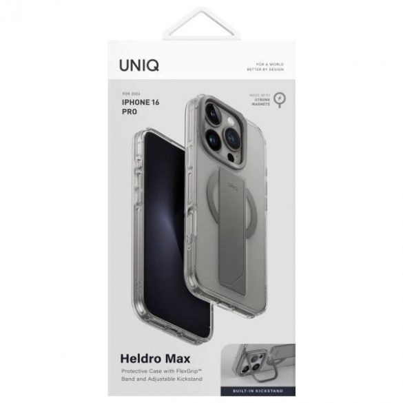 Uniq Heldro Max Magclick Carcasă de încărcare cu suport pentru iPhone 16 Pro - transparent