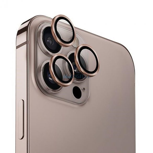 Sticlă de protecție UNIQ Optix din aluminiu pentru obiectivul camerei foto cu ornamente aurii pentru iPhone 16 Pro / 16 Pro Max