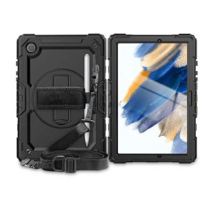 Husă pentru tabletă Samsung X200/X205 Galaxy Tab A8 10.5 rezistentă la șocuri cu protecție la 360 de grade, sticlă de protecție a ecranului 4H - Tech-Protect Solid - negru (ambalaj ECO)