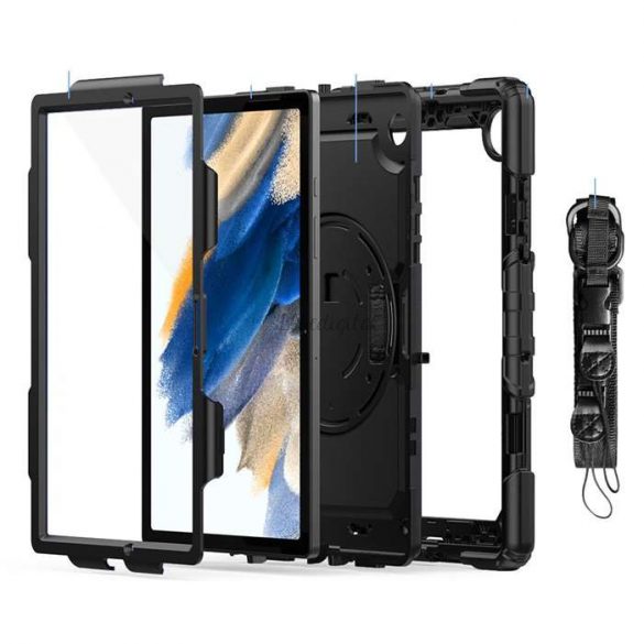 Husă pentru tabletă Samsung X200/X205 Galaxy Tab A8 10.5 rezistentă la șocuri cu protecție la 360 de grade, sticlă de protecție a ecranului 4H - Tech-Protect Solid - negru (ambalaj ECO)