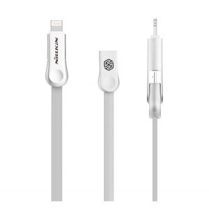 Cablu de date NILLKIN PLUS III (USB - microUSB/lightning, 100cm, cablu plat) ALB