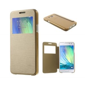 Husă stativă, efect piele (FLIP, deschidere laterală, Husă S-View, model periat) GOLD Samsung Galaxy A3 (2015) SM-A300F