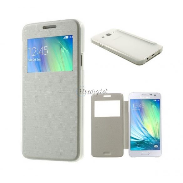 Carcasa in picioare, efect piele (FLIP, deschidere laterala, husa S-View, model periat) ALB Samsung Galaxy A3 (2015) SM-A300F