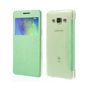 Husă stativă, efect piele (FLIP, deschidere laterală, fereastră de vizualizare, model periat) GREEN Samsung Galaxy A5 (2015) SM-A500F