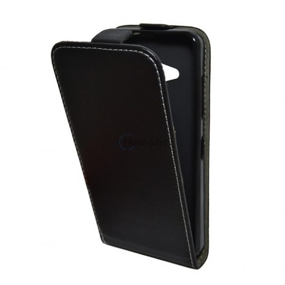 Carcasa in picioare, efect piele (FLIP, deschidere in jos, suport din silicon) NEGRU Microsoft Lumia 550