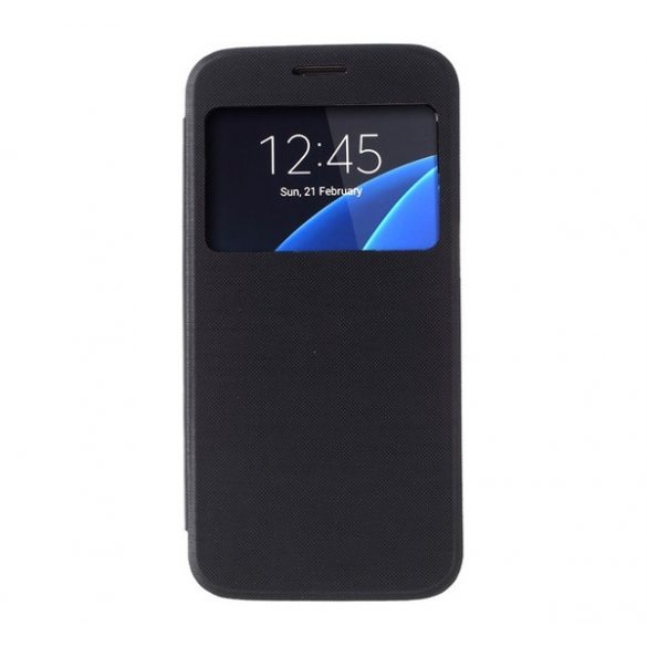 Husă stativă, efect piele (FLIP, deschidere laterală, fereastră de vizualizare, model periat) negru Samsung Galaxy S7 (SM-G930)