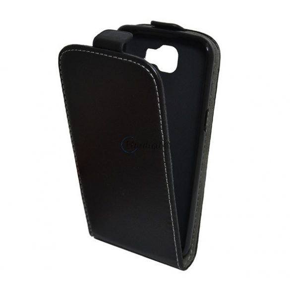 Carcasa in picioare, efect piele (FLIP, deschidere in jos, suport din silicon) NEGRU LG K4 (K120e)