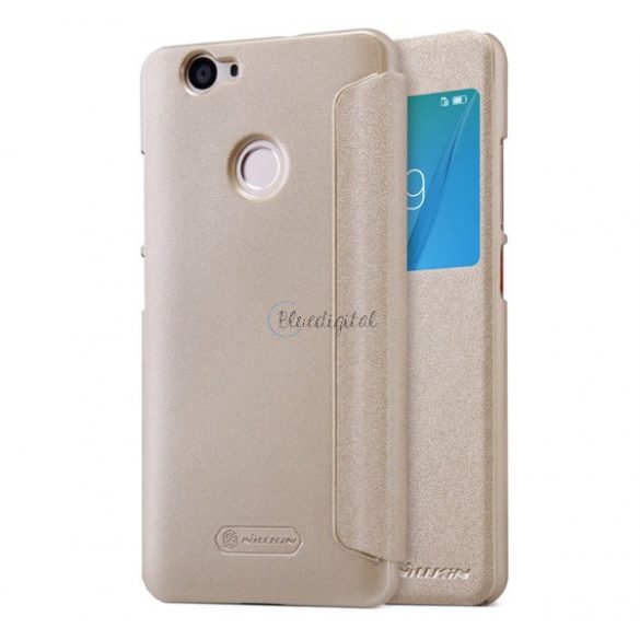 Protector de telefon din plastic NILLKIN SPARKLE (FLIP activ cu efect de piele din microfibră, deschidere laterală, fereastră de vizualizare) GOLD Huawei Nova