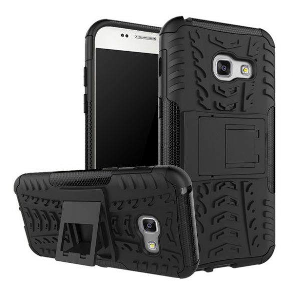 Defender protecțiede telefon din plastic (rezistent la impact mediu, interior silicon, suport, model anvelope auto) negru Samsung Galaxy A3 (2017) SM-A320F