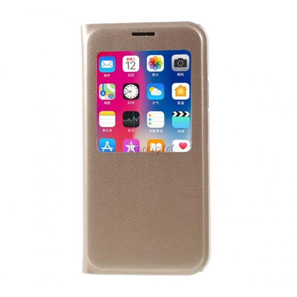 Carcasă în picioare, efect piele (FLIP, deschidere laterală, afișaj apelant, decupare logo, fereastră de vizualizare) GOLD Apple iPhone X 5.8, Apple iPhone XS 5.8